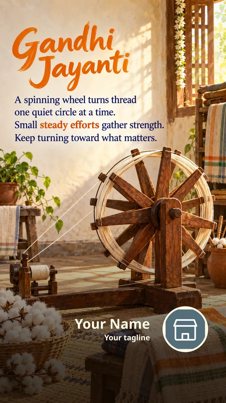 Gandhi Jayanti - A spinning wheel turns thread - Festival Image, Nature, Village