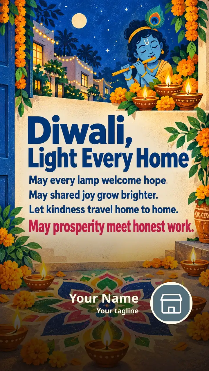 Diwali, Light Every Home - Festival Image, Flowers, Diya, Krishna