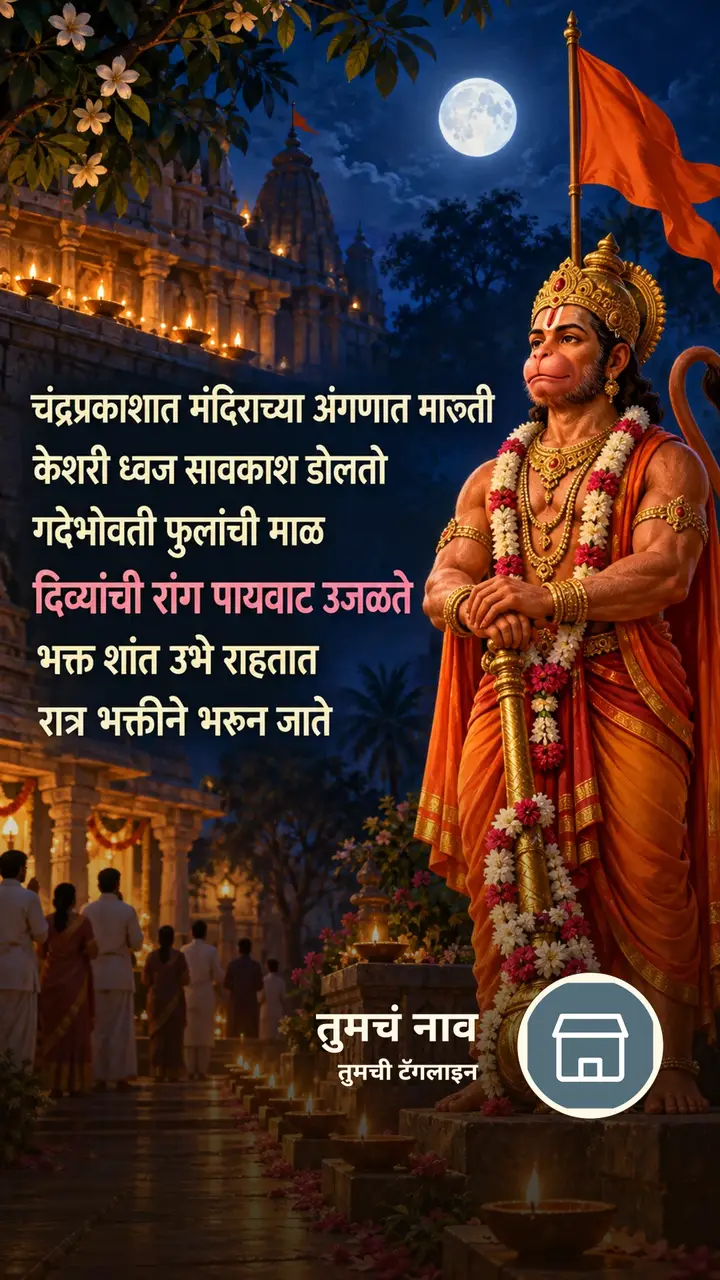 चंद्रप्रकाशात मंदिराच्या अंगणात मारुती - Bhakti Image, हनुमान