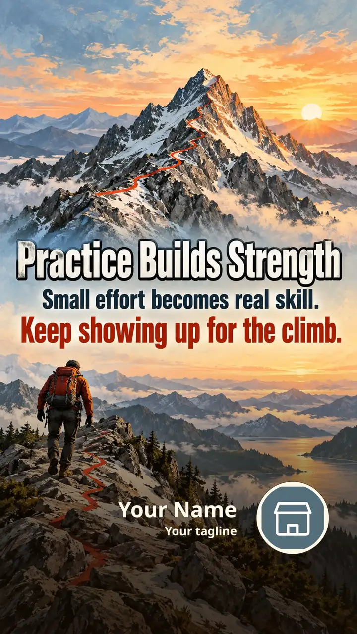 Practice Builds Strength - Motivational Image, Sunset, Nature, Mountains, Sky