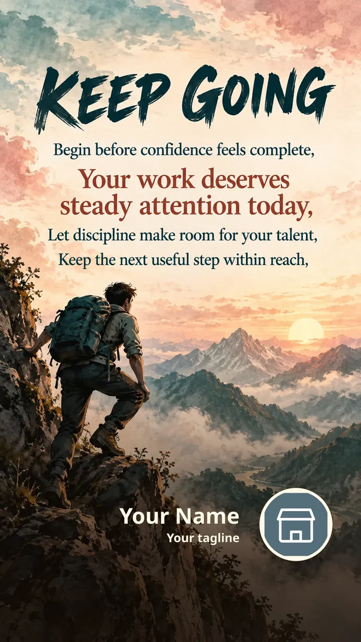KEEP GOING - Begin before confidence feels complete, - Motivational Image, Nature, Mountains