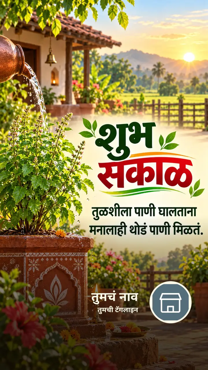 शुभ सकाळ - तुळशीला पाणी घालताना - Shubh Sakal Image, फुलं, गाव