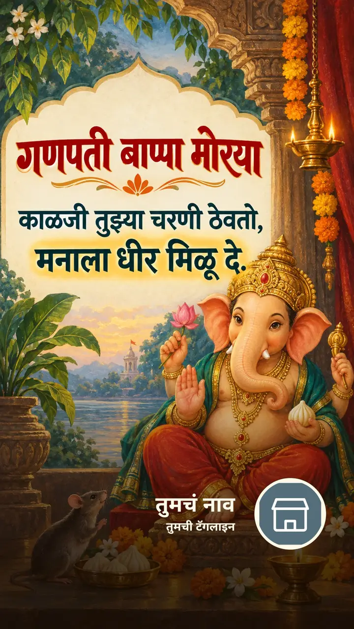 गणपती बाप्पा मोरया - काळजी तुझ्या चरणी ठेवतो, - Bhakti Image, फुलं, दिवा, गणपती