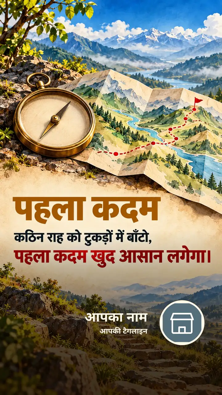 पहला कदम - कठिन राह को टुकड़ों में बाँटो, - Motivational Image, फूल, पहाड़, पक्षी, गाँव