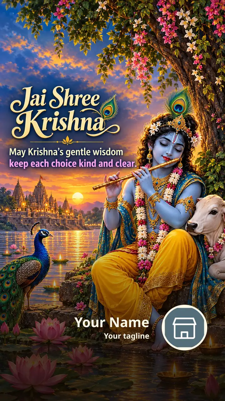 Jai Shree Krishna - May Krishna’s gentle wisdom - Devotional Image, Lotus, River, Krishna