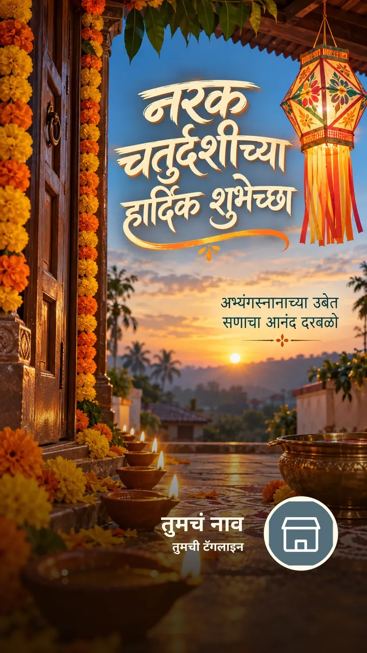 नरक चतुर्दशीच्या हार्दिक शुभेच्छा - अभ्यंगस्नानाच्या उबेत - Festival Image, फुलं, आकाश, दिवा, गाव
