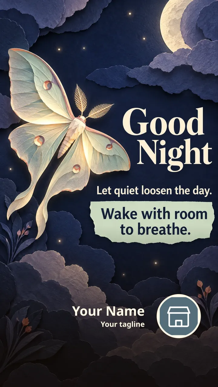 Good Night - Let quiet loosen the day. - Good Night Image, Moon, Stars, Butterfly