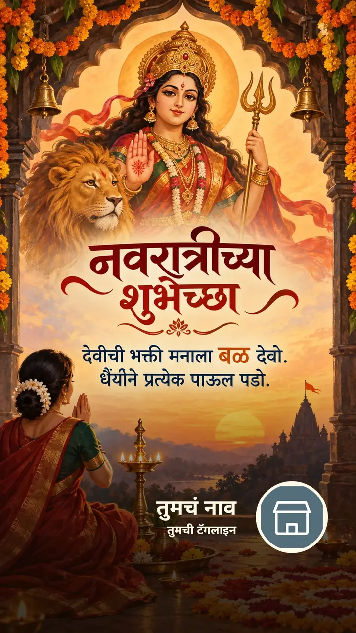 नवरात्रीच्या शुभेच्छा - देवीची भक्ती मनाला बळ देवो. - Festival Image, फुलं, दिवा, दुर्गा