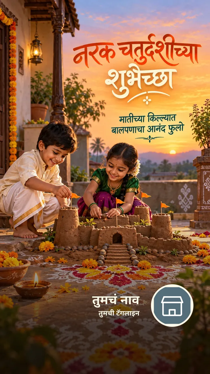 नरक चतुर्दशीच्या शुभेच्छा - मातीच्या किल्ल्यात - Festival Image, फुलं, दिवा, गाव, मुलं