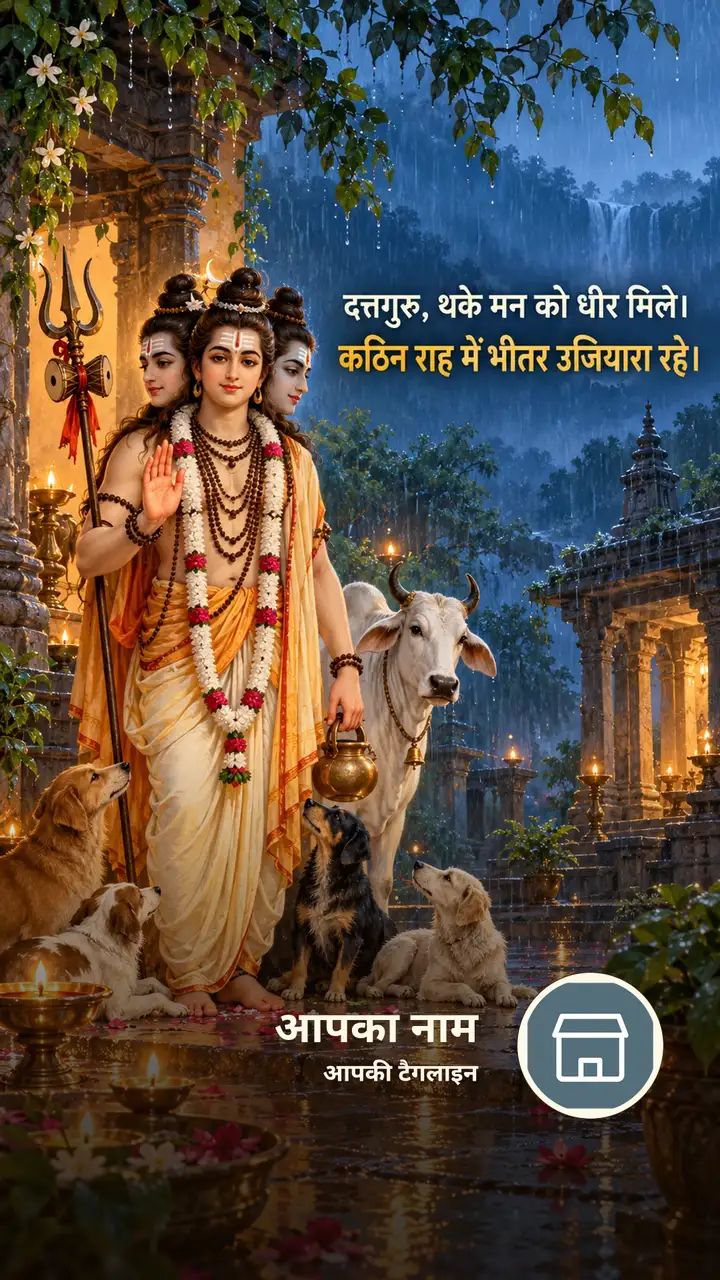 दत्तगुरु, थके मन को धीर मिले। - Bhakti Image, फूल, प्रकृति, बारिश, दीया, दत्तात्रेय