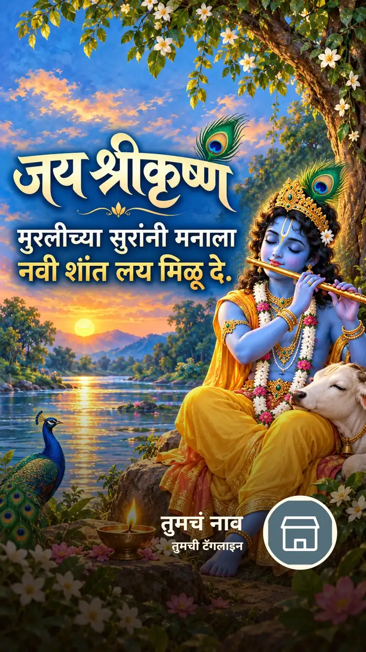 जय श्रीकृष्ण - मुरलीच्या सुरांनी मनाला - Bhakti Image, फुलं, दिवा, कृष्ण