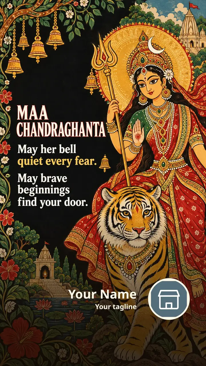 MAA CHANDRAGHANTA - Devotional Image, Flowers, Mountains, Durga