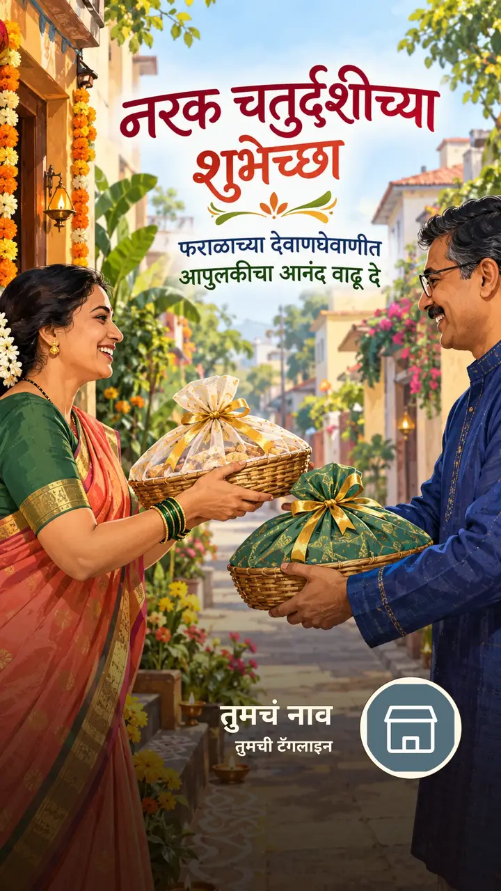 नरक चतुर्दशीच्या शुभेच्छा - फराळाच्या देवाणघेवाणीत - Festival Image, फुलं, दिवा, गाव, कुटुंब