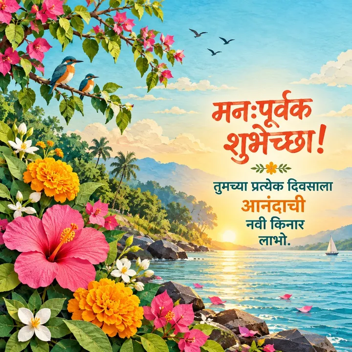 मनःपूर्वक शुभेच्छा! - तुमच्या प्रत्येक दिवसाला - दिवसभराच्या शुभेच्छा Image, फुलं, नदी, पक्षी