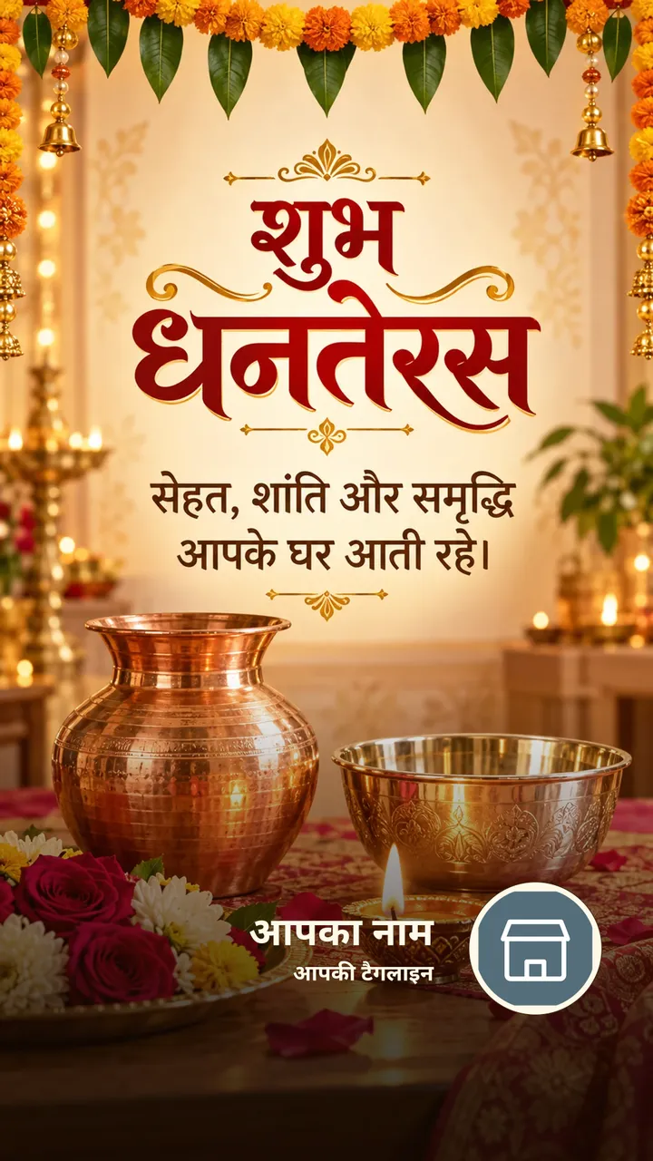 शुभ धनतेरस - सेहत, शांति और समृद्धि - Festival Image, फूल, दीया, परिवार