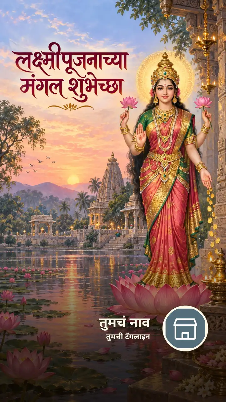 लक्ष्मीपूजनाच्या मंगल शुभेच्छा - Festival Image, कमळ, नदी, गाव, लक्ष्मी