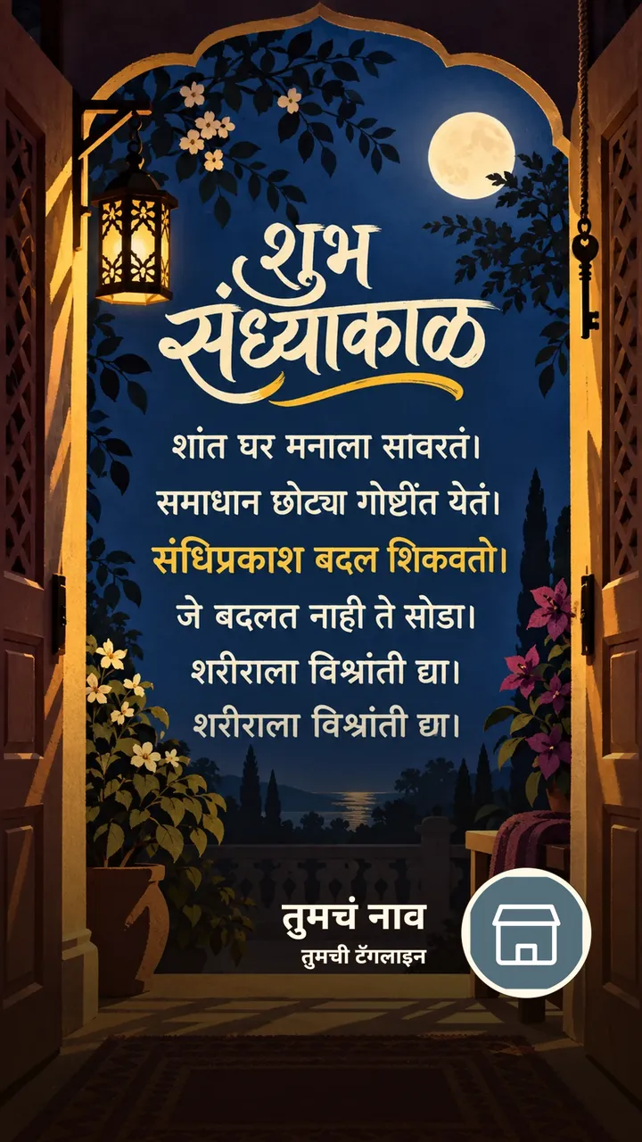 शुभ संध्याकाळ - शांत घर मनाला सावरतं। - समाधान छोट्या गोष्टींत येतं। - Sandhyakal Image
