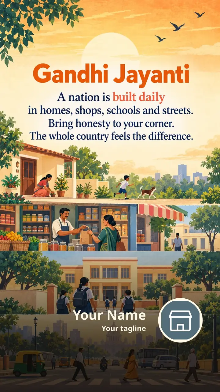 Gandhi Jayanti - A nation is built daily - Festival Image, Village, Family, Children