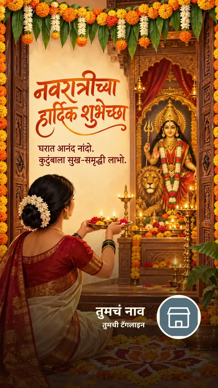 नवरात्रीच्या हार्दिक शुभेच्छा - घरात आनंद नांदो. - Festival Image, फुलं, दिवा, कुटुंब, दुर्गा
