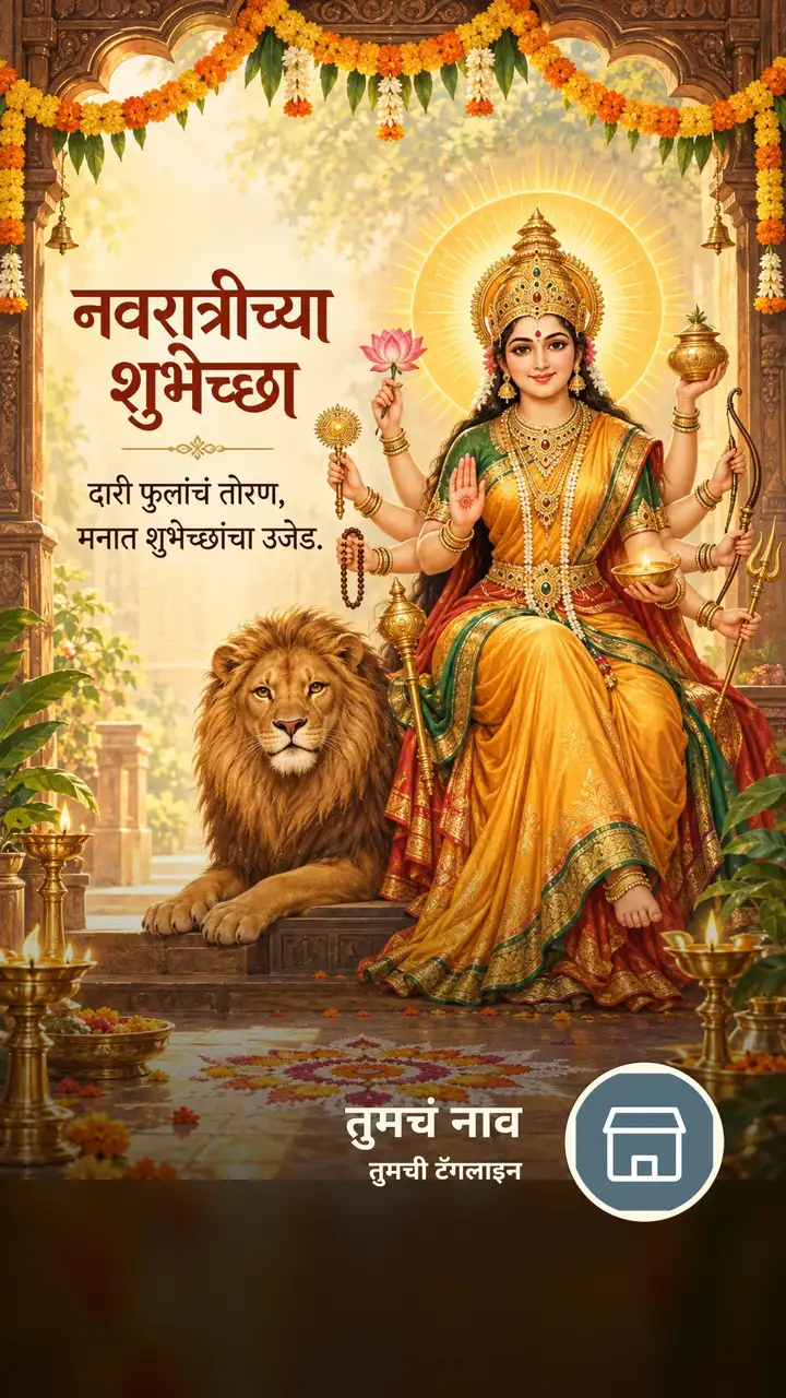 नवरात्रीच्या शुभेच्छा - दारी फुलांचं तोरण, - Festival Image, कमळ, दिवा, दुर्गा