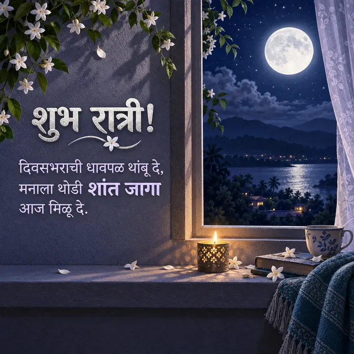 शुभ रात्री! - दिवसभराची धावपळ थांबू दे, - Shubh Ratri Image, फुलं, चंद्र, मेणबत्ती