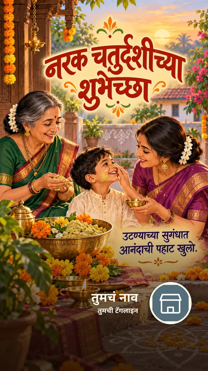नरक चतुर्दशीच्या शुभेच्छा - उटण्याच्या सुगंधात - आनंदाची - Festival Image, फुलं, दिवा, गाव, कुटुंब