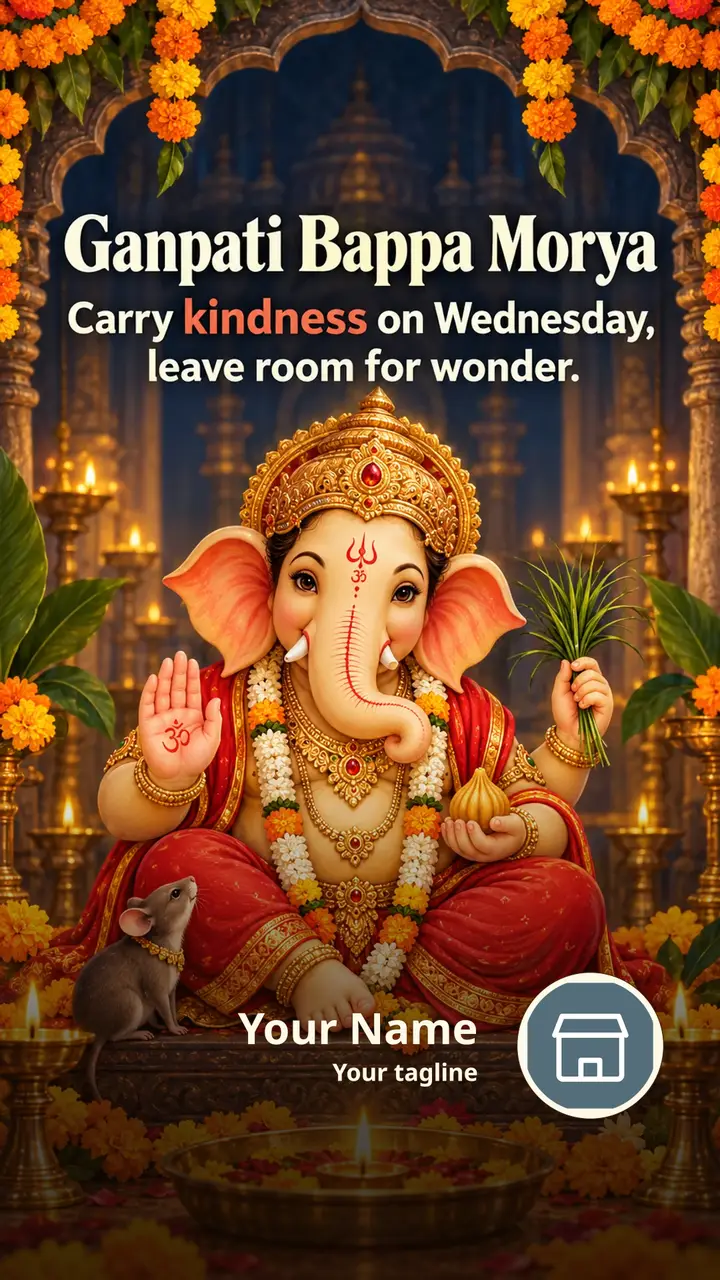Ganpati Bappa Morya - Carry kindness on Wednesday, - Devotional Image, Flowers, Diya, Ganesha