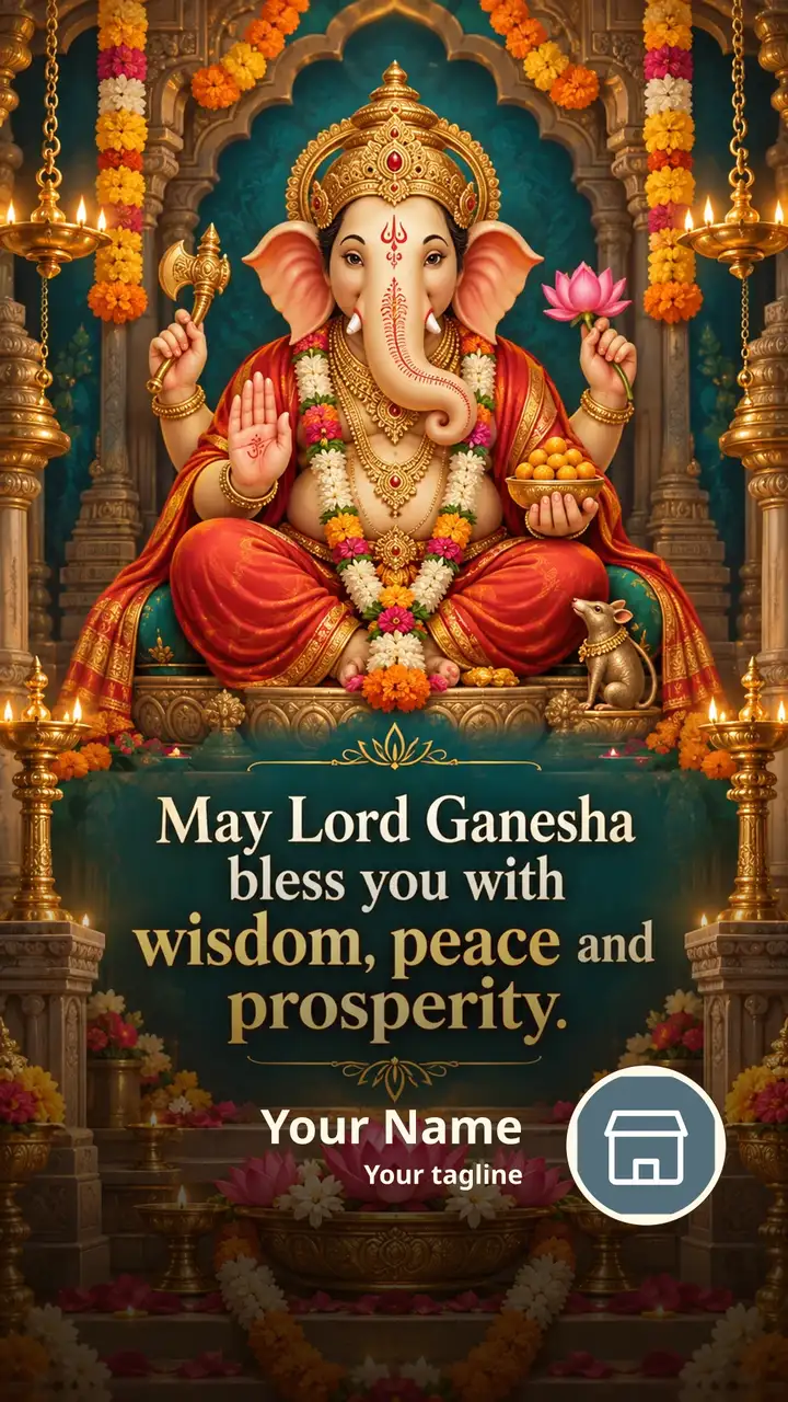 May Lord Ganesha bless you with wisdom, peace and prosperity. - Devotional Image, Flowers, Lotus, Diya, Ganesha