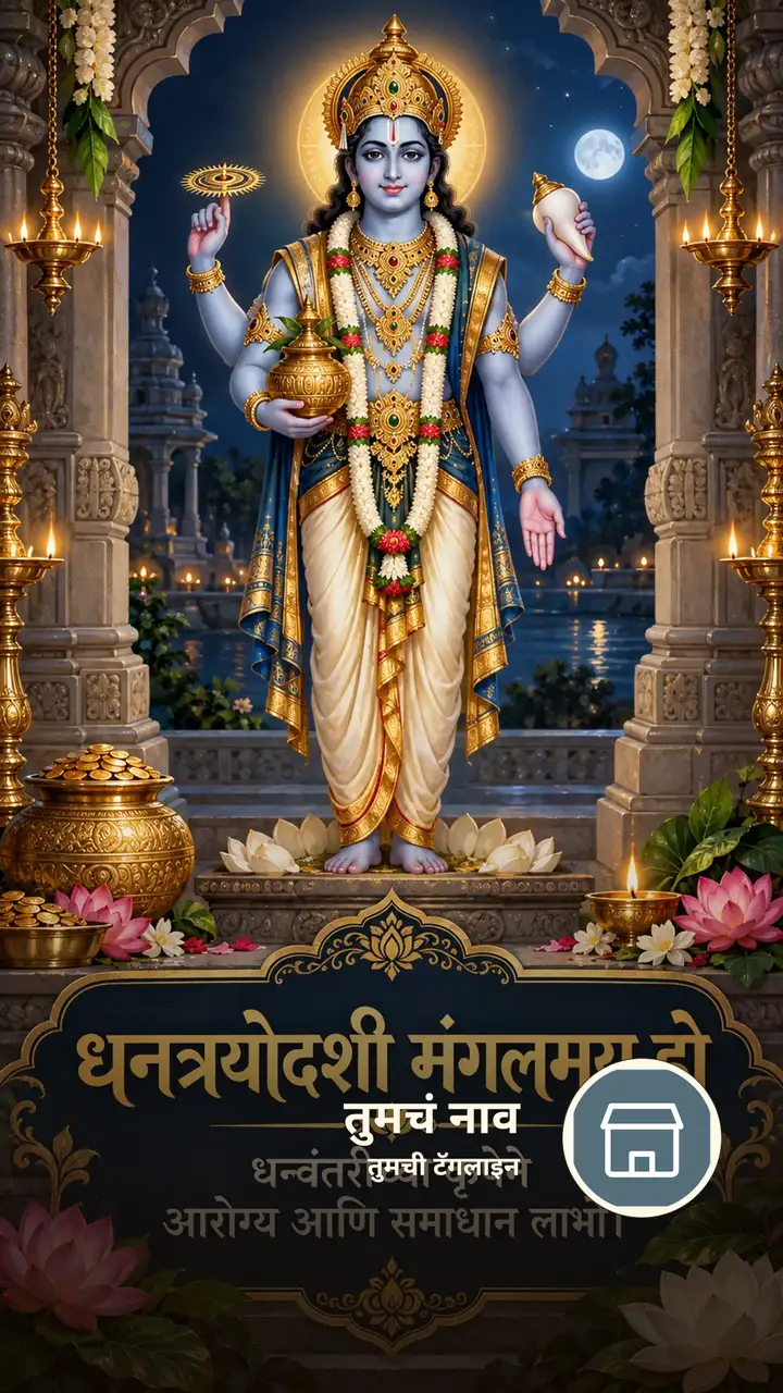 धनत्रयोदशी मंगलमय हो - धन्वंतरीच्या कृपेने - Festival Image, कमळ, दिवा, विष्णू