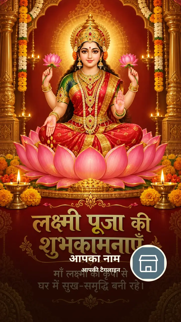 लक्ष्मी पूजा की शुभकामनाएँ - माँ लक्ष्मी की कृपा से - Festival Image, कमल, दीया, लक्ष्मी