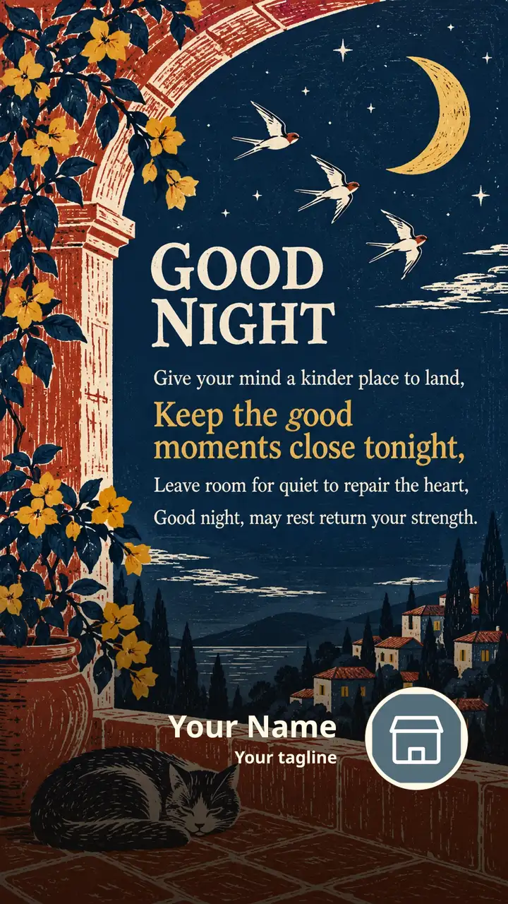 GOOD NIGHT - Give your mind a kinder place to land, - Keep the good - Good Night Image, Moon, Stars, Candle