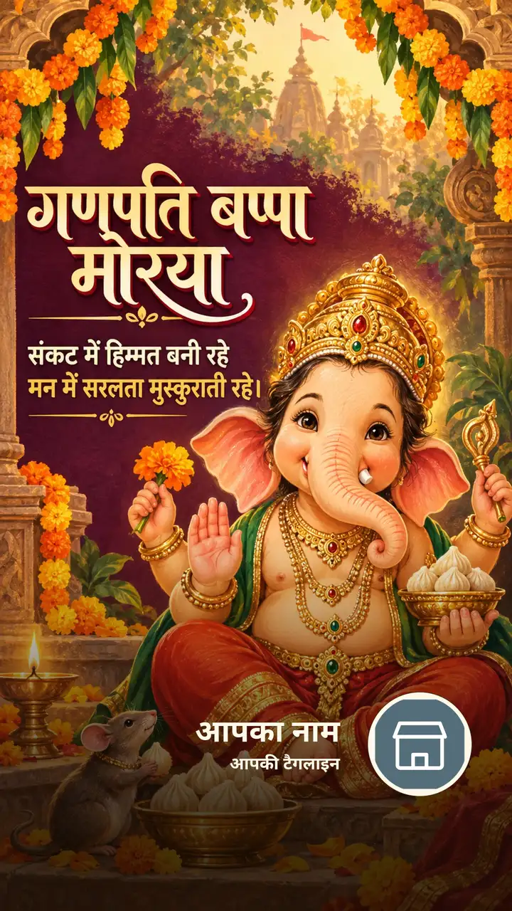 गणपति बप्पा मोरया - संकट में हिम्मत बनी रहे - Bhakti Image, फूल, दीया, गणेश