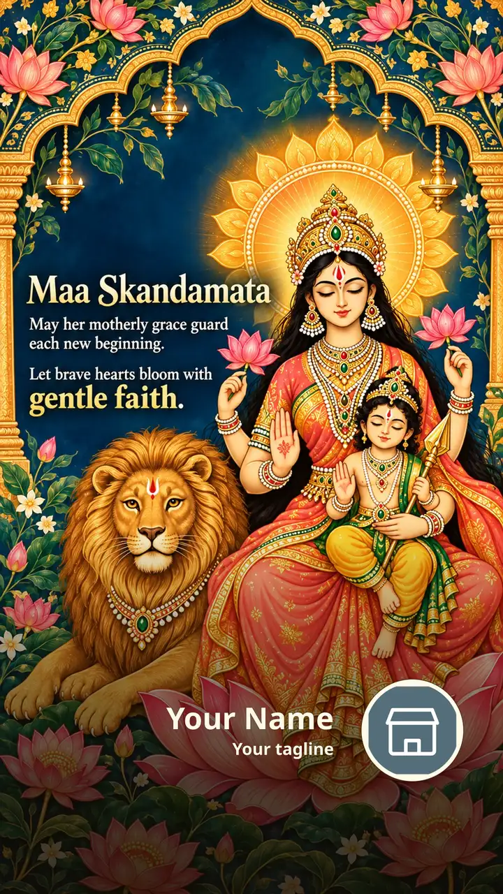 Maa Skandamata - May her motherly grace guard each new - Devotional Image, Flowers, Lotus, Children, Durga