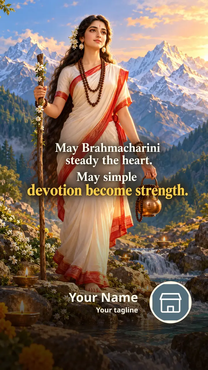 May Brahmacharini steady the heart. - Devotional Image, Flowers, Mountains, Diya, Durga