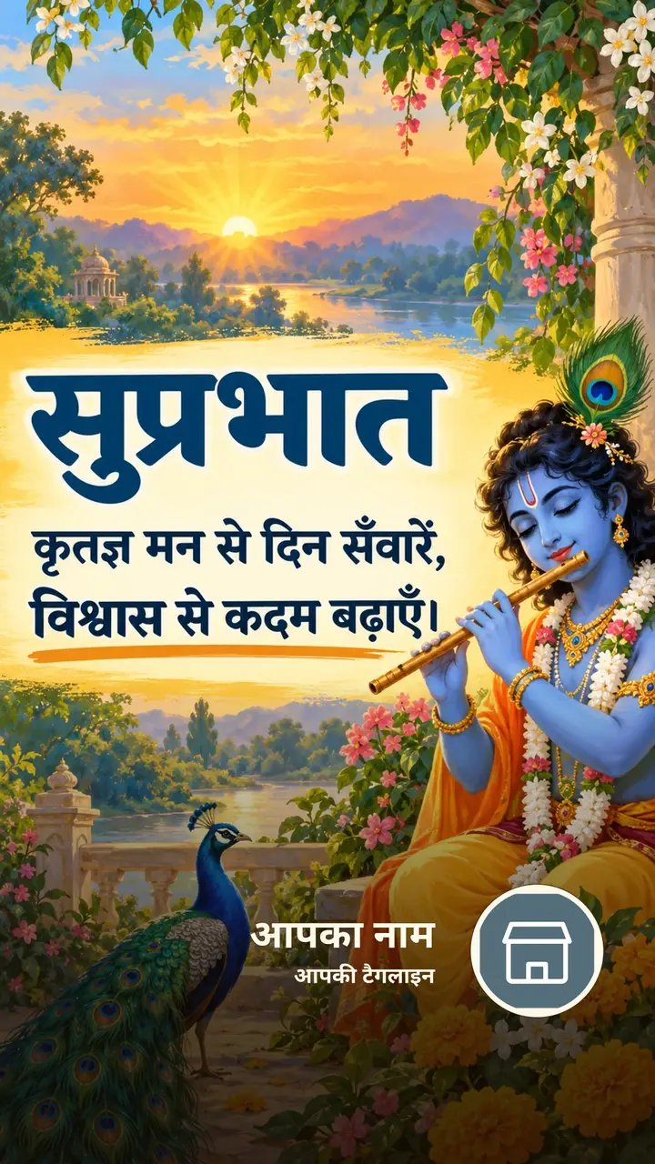सुप्रभात - कृतज्ञ मन से दिन सँवारें, - Suprabhat Image, फूल, सूर्योदय, कृष्ण