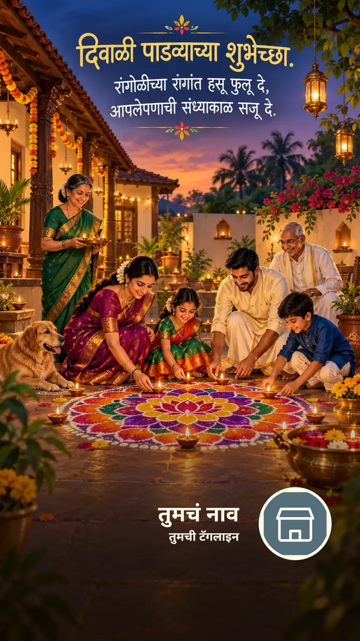 दिवाळी पाडव्याच्या शुभेच्छा. - रांगोळीच्या रंगांत हसू - Festival Image, फुलं, दिवा, कुटुंब, मुलं