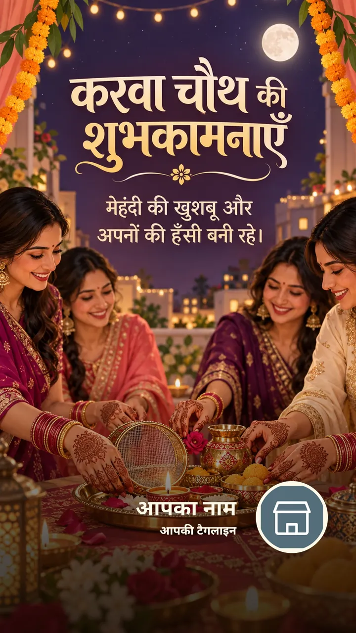करवा चौथ की शुभकामनाएँ - मेहंदी की खुशबू और - Festival Image, फूल, दीया, परिवार