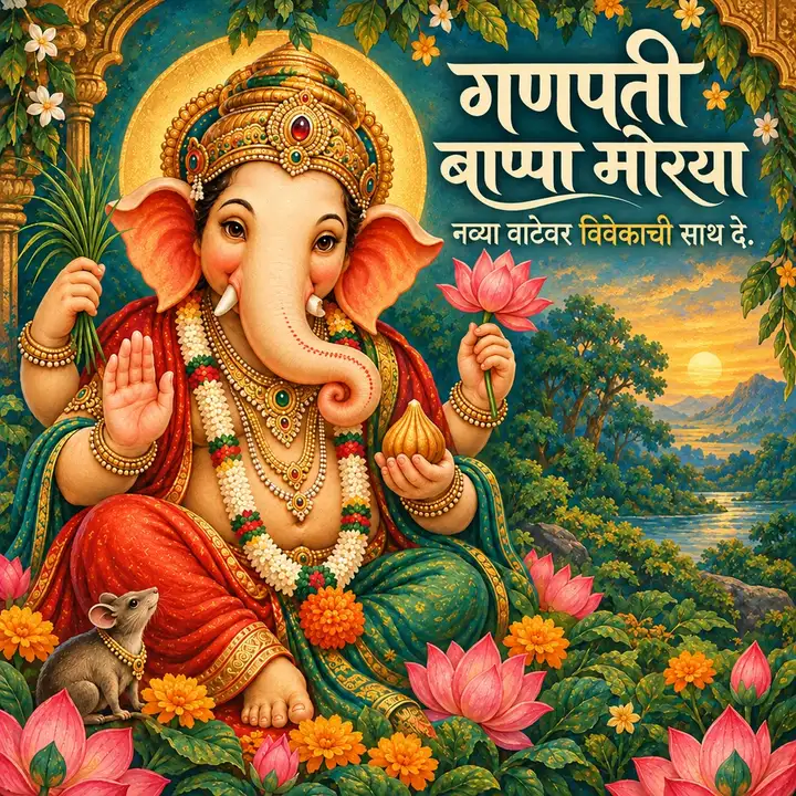 गणपती बाप्पा मोरया - नव्या वाटेवर विवेकाची साथ दे. - Bhakti Image, फुलं, कमळ, दिवा, गणपती