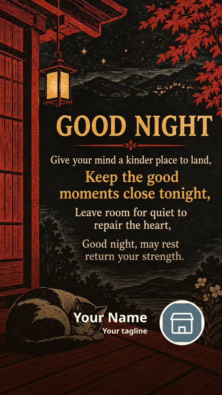 GOOD NIGHT - Give your mind a kinder place to land, - Keep the good - Good Night Image, Moon, Stars, Candle