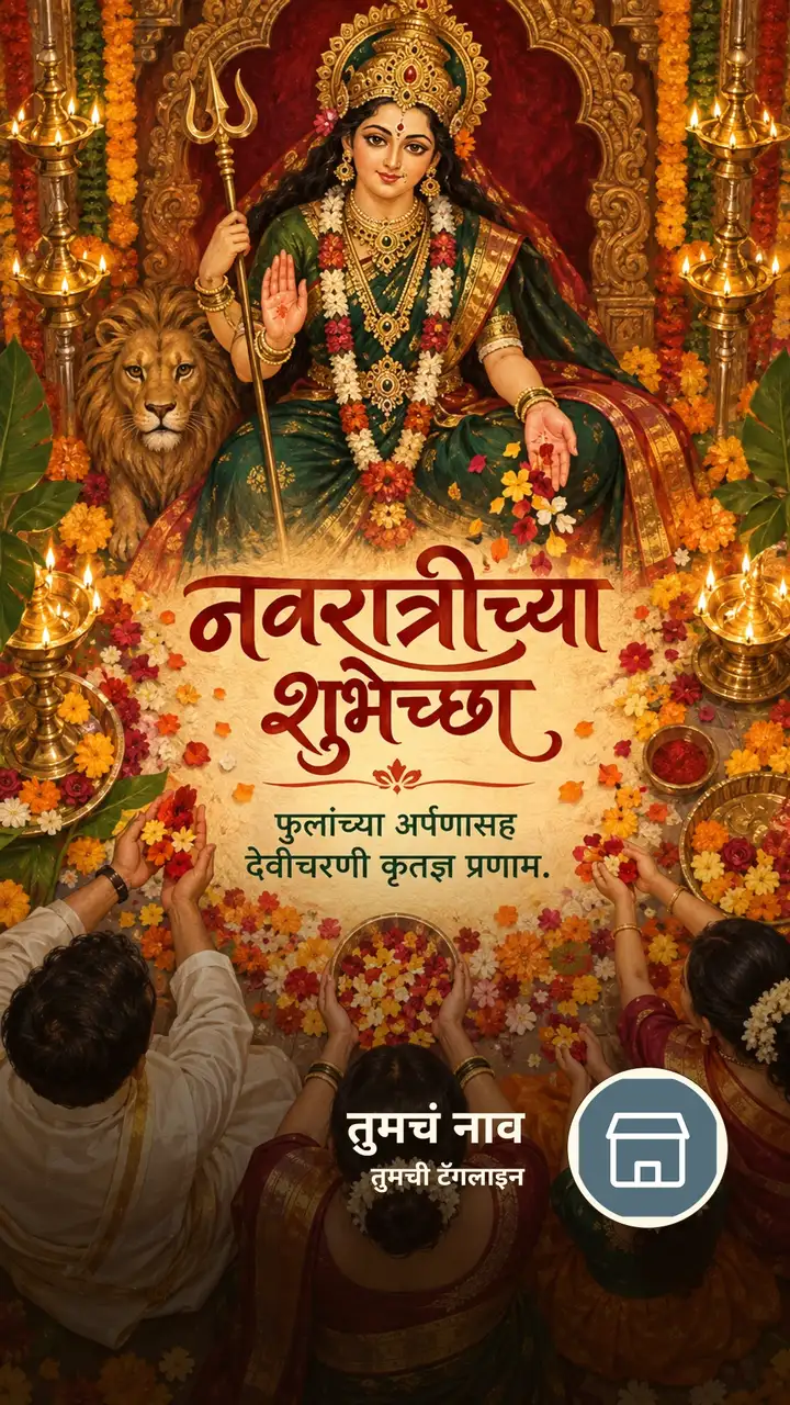 नवरात्रीच्या शुभेच्छा - Bhakti Image, फुलं, दिवा, कुटुंब, दुर्गा