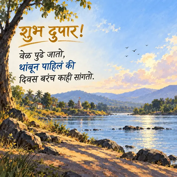 शुभ दुपार! - वेळ पुढे जातो, - Shubh Dupar Image, नदी, आकाश, पक्षी
