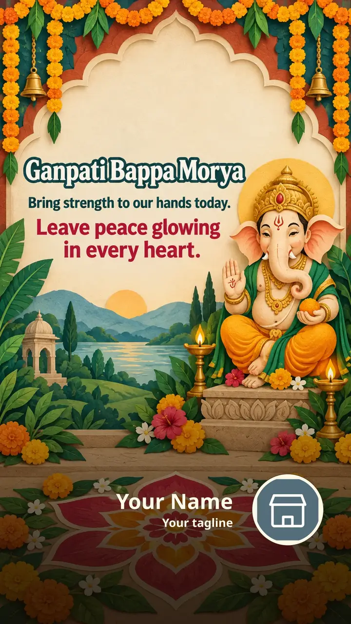Ganpati Bappa Morya - Bring strength to our hands today. - Devotional Image, Flowers, Diya, Ganesha