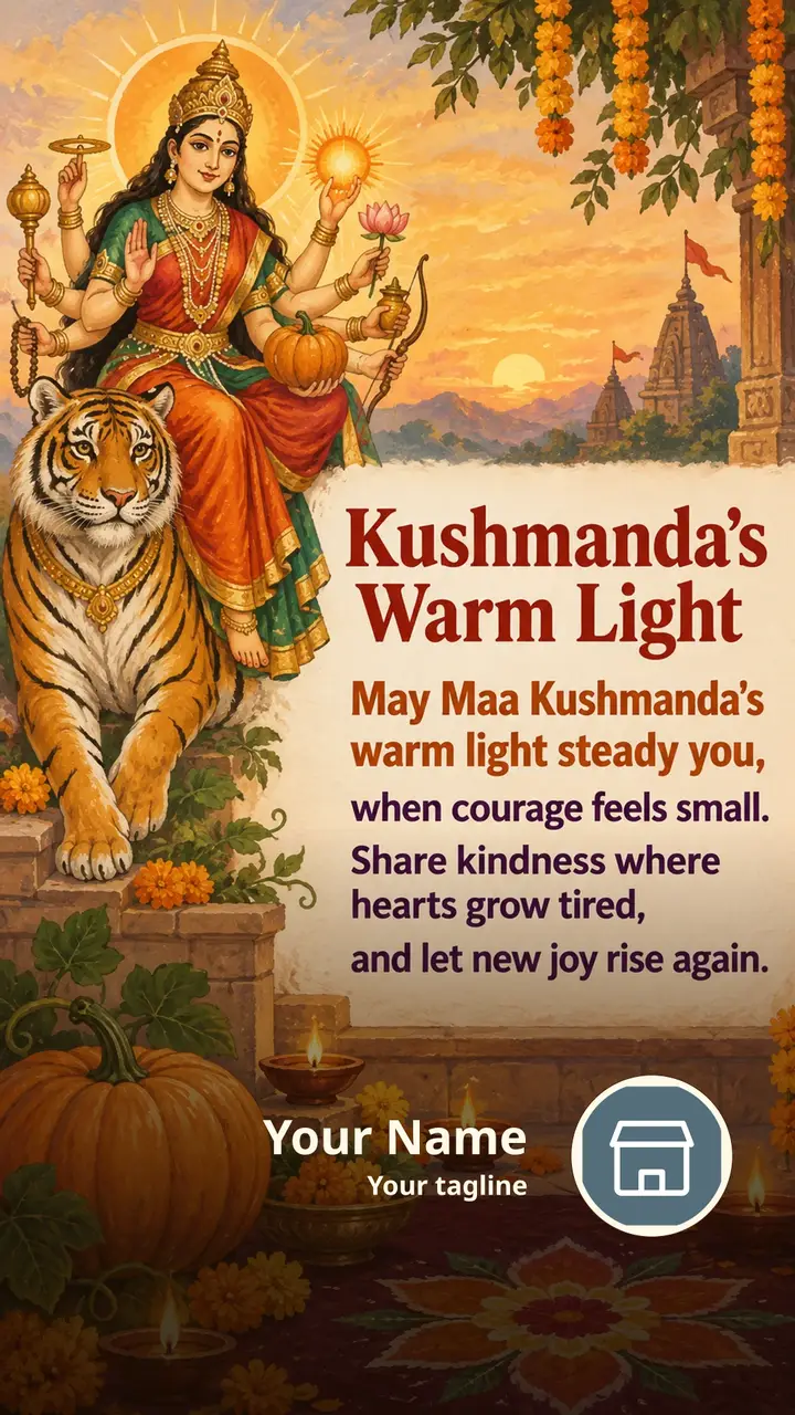 Kushmanda's Warm Light - Devotional Image, Flowers, Mountains, Diya, Durga