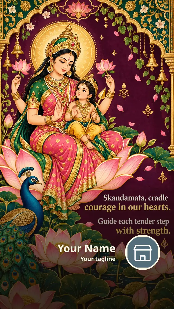 Skandamata, cradle courage in our - Devotional Image, Flowers, Lotus, Children, Durga