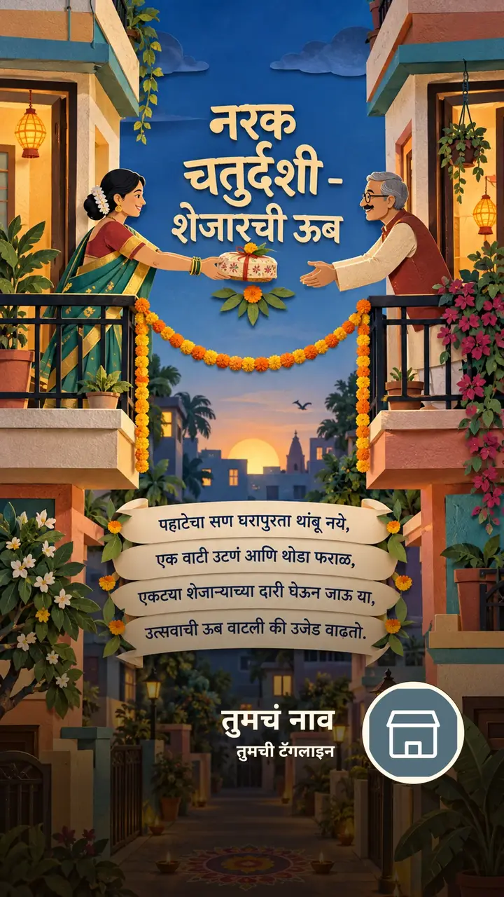 नरक चतुर्दशी - शेजारची ऊब - Festival Image, फुलं, आकाश, दिवा, गाव, कुटुंब