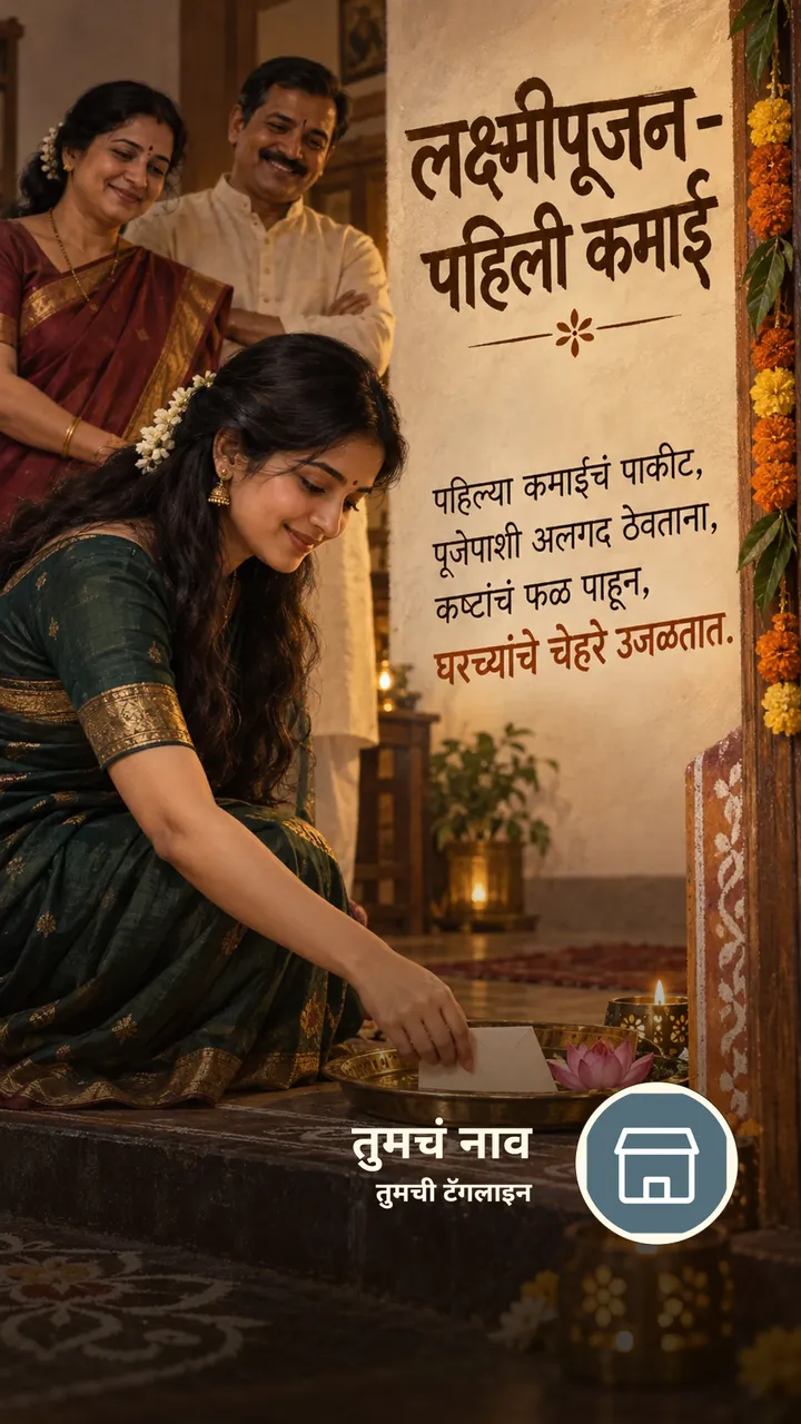 लक्ष्मीपूजन - पहिली कमाई - Festival Image, फुलं, कमळ, दिवा, कुटुंब, आई