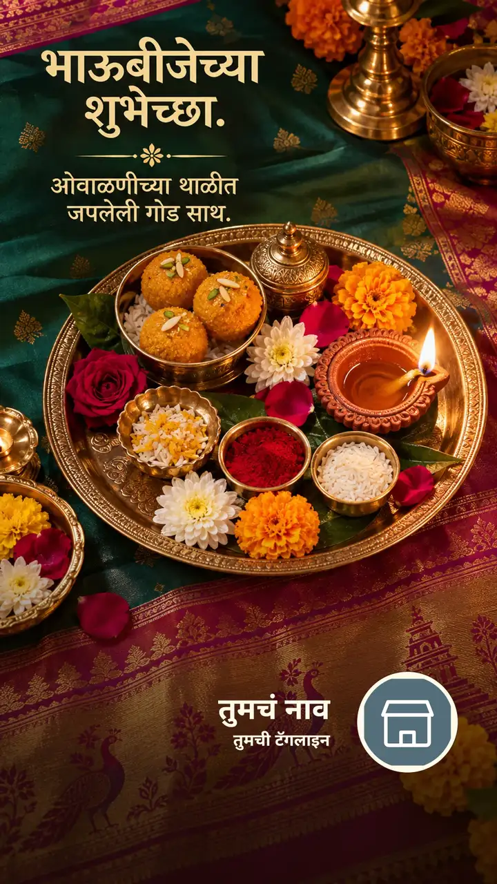 भाऊबीजेच्या शुभेच्छा. - ओवाळणीच्या थाळीत जपलेली गोड साथ. - Festival Image, फुलं, दिवा, कुटुंब
