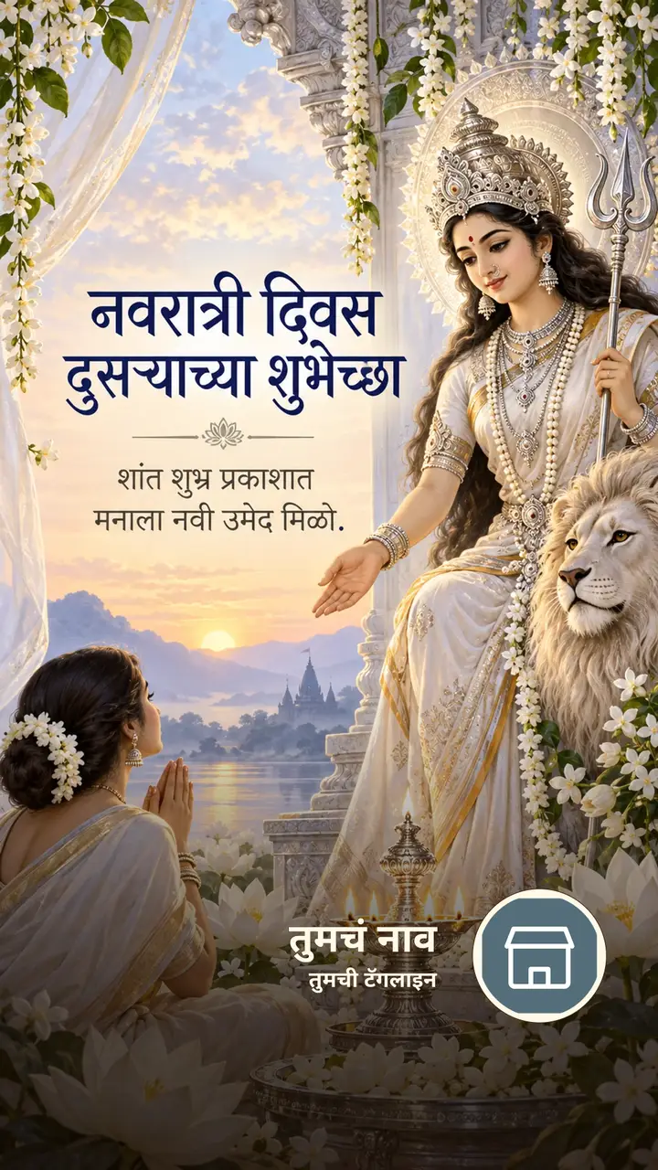 नवरात्री दिवस दुसऱ्याच्या शुभेच्छा - शांत शुभ्र प्रकाशात - Festival Image, फुलं, कमळ, दिवा, दुर्गा