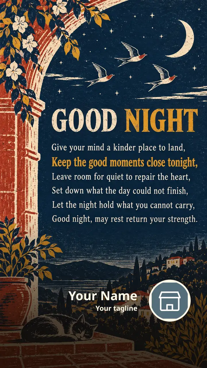 GOOD NIGHT - Give your mind a kinder place to land, - Keep the good - Good Night Image, Moon, Stars, Candle