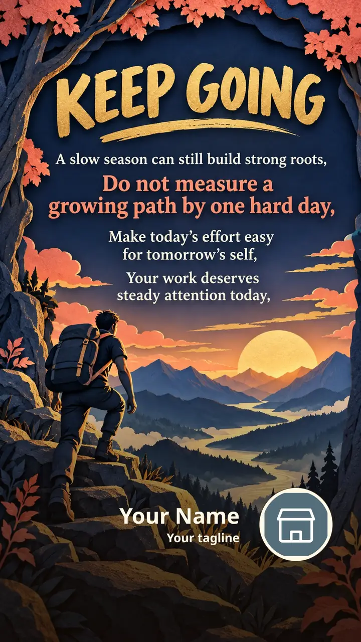 KEEP GOING - A slow season can still build strong roots, - Motivational Image, Nature, Mountains